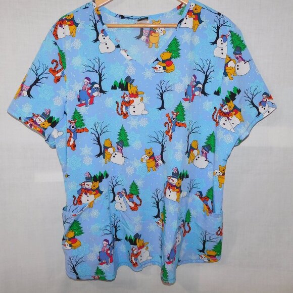 Disney Tops - Disney Winnie the Pooh & Friends Winter blue Theme Snowman Womens 2XL Scrub Top